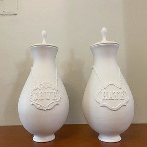 Jonathan Adler pair of tall Love / Hate Apothecary jars